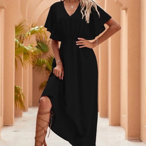 Boho black butterfly sleeve V neck A line maxi dress - Picture 4 of 6